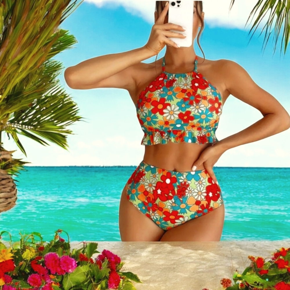 BOUTIQUE FLOWER POWER 2  PIECE HIGH WAISTED TANKINI  NWOT